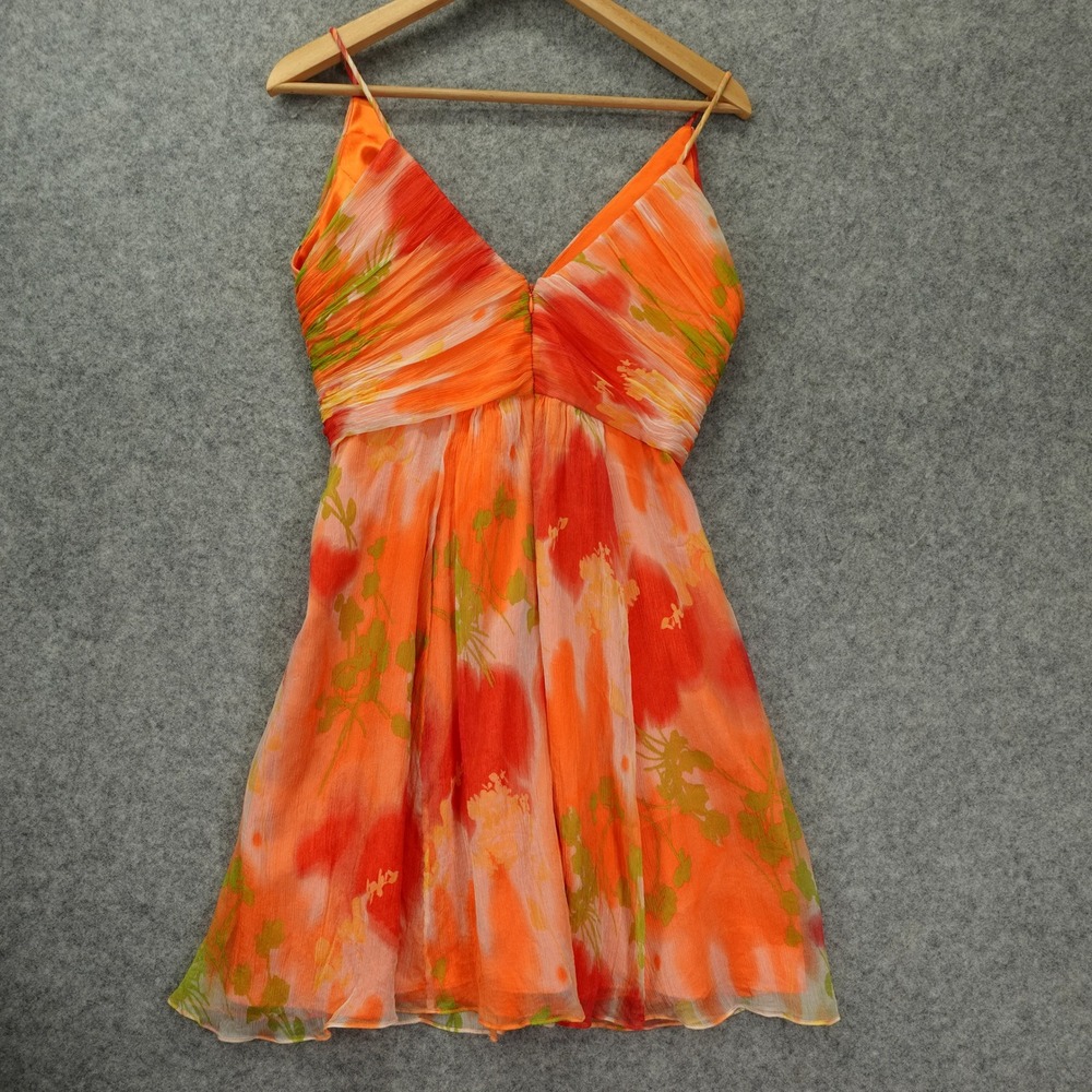 Tropical Y2K Floral Silk Dress S Orange Fall Boho Crinkle Laundry Shelli Segal - Picture 2 of 13